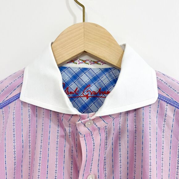 ROBERT GRAHAM Sz L Embroidered Pink Stripe Shirt Cuff Knowledge Wisdom Truth EUC - Picture 4 of 14